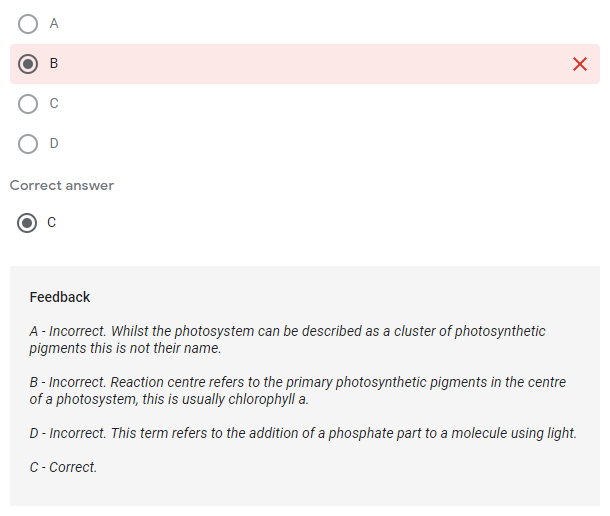 Example of a multiple-choice question and answer sheet about photosynthesis taken from Q12 of the OCR A Level Biology MCQ quiz.