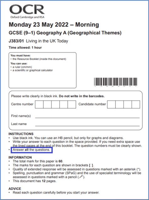 Example of front page of question paper with the phrase Answer all the questions highlighted