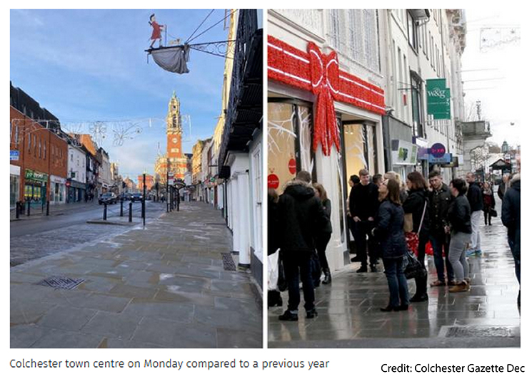 Busy Colchester town centre on a Monday compared to the same empty street from the previous year