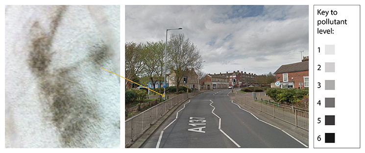 Image of the street location and a second close-up from the results of a swab test, measuring pollution 