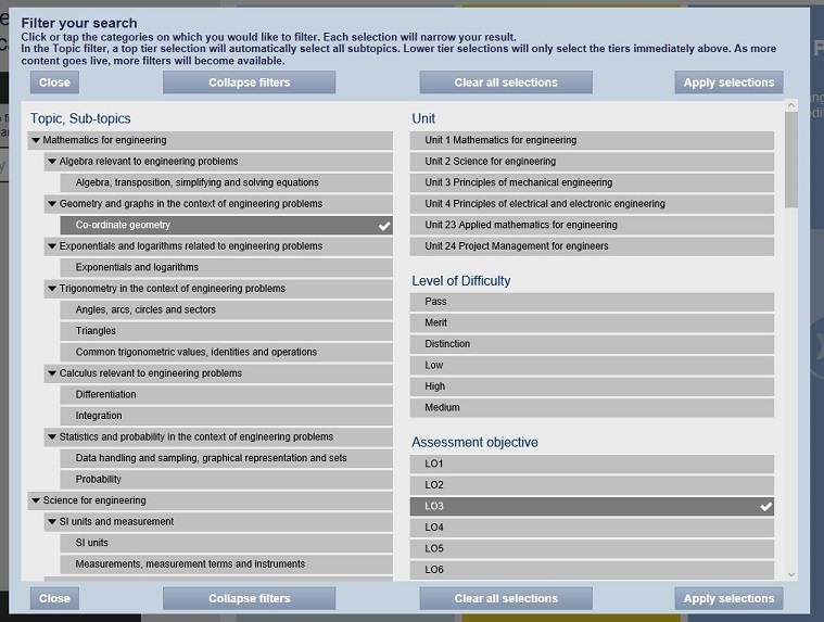 ExamBuilder screenshot showing filters selected