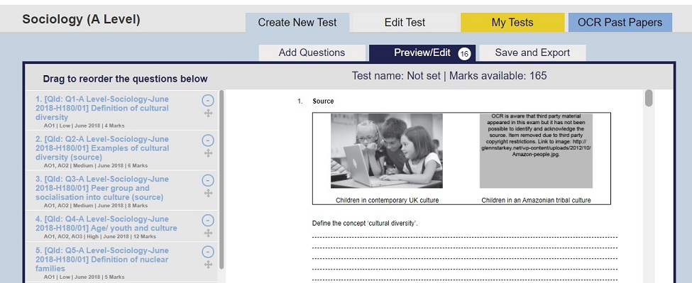ExamBuilder screenshot showing edit tests