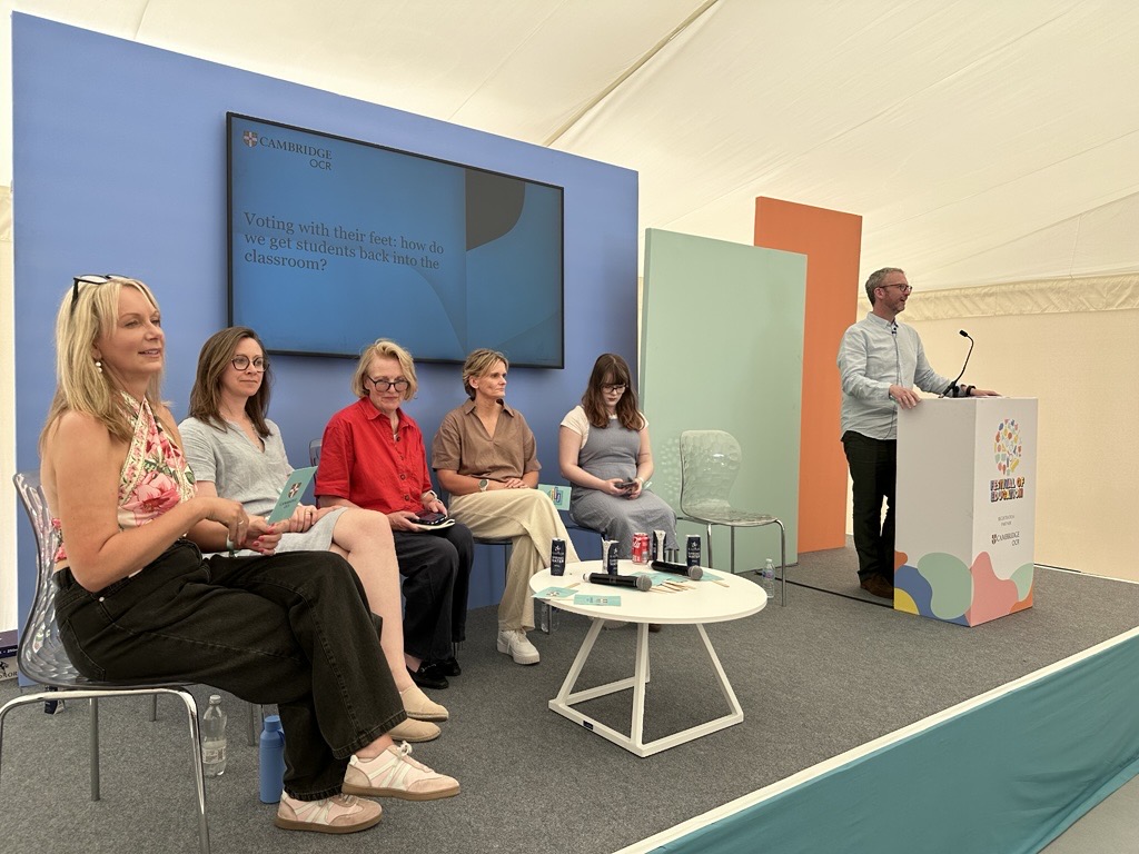 Cambridge OCR panel at the Festival of Education discussing student engagement and strategies to encourage classroom participation.